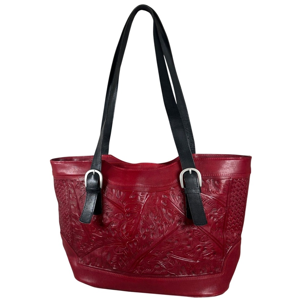 Tooled Leather Tote Bag Red Floral Embossed Shoulder Purse Western Boho